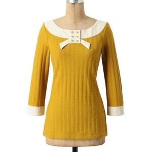ANTHROPOLOGIE Ribboned Collar Top Yellow Ivory Knit